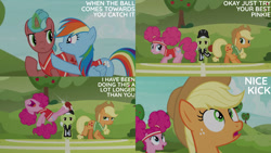 Size: 1280x720 | Tagged: safe, derpibooru import, edit, edited screencap, editor:quoterific, screencap, applejack, granny smith, pinkie pie, rainbow dash, earth pony, pegasus, pony, unicorn, buckball season, season 6, applejack's hat, buckball, clothes, cowboy hat, crimson heart, female, hat, male, mare, nose in the air, open mouth, open smile, pinktails pie, smiling, stallion, tree, uvula, volumetric mouth