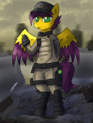 Size: 1620x2160 | Tagged: safe, artist:nagithebat, derpibooru import, oc, oc only, oc:yellow jack, pegasus, colored wings, enclave, enclave uniform, energy weapon, gun, outfit, pose, solo, two toned wings, uniform, weapon, wings