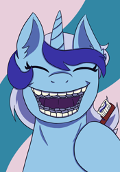 Size: 1668x2388 | Tagged: safe, artist:theedgyduck, derpibooru import, minuette, pony, unicorn, eyes closed, female, hyperdontia, mare, open mouth, open smile, simple background, smiling, solo, teeth, toothbrush, wat
