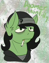 Size: 1468x1885 | Tagged: safe, artist:theedgyduck, derpibooru import, oc, oc only, oc:anon filly, bags under eyes, beanie, cigarette, clothes, doomer, female, filly, foal, hat, hoodie, simple background, solo, wojak