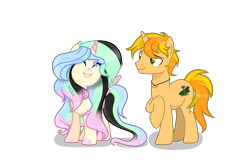 Size: 3000x2000 | Tagged: artist needed, safe, artist:daisydiamond, derpibooru import, oc, oc only, oc:daisy diamond, oc:rustic rails, alicorn, pony, unicorn, 2022 community collab, ^^, derpibooru community collaboration, duo, eyes closed, female, full body, green eyes, grin, high res, hoof polish, horn, looking at someone, male, mare, raised hoof, raised leg, shadow, show accurate, simple background, smiling, spread wings, stallion, standing, tail, transparent background, two toned mane, two toned tail, wings