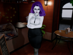 Size: 1882x1434 | Tagged: safe, artist:suiteandelite, derpibooru import, rarity, human, 3d, angry, breasts, cafe, cleavage, clothes, coffee, coffee shop, ear piercing, earring, fishnet pantyhose, glasses, humanized, jewelry, lighting, menu, miniskirt, necklace, piercing, raritits, skirt, standing, teapot, upset, vam, virt-a-mate, virtual reality