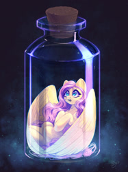 Size: 1024x1366 | Tagged: safe, artist:amishy, derpibooru import, fluttershy, pegasus, pony, pony in a bottle, solo, spread wings, stars, wings