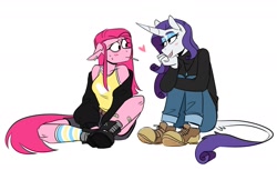 Size: 1577x963 | Tagged: safe, artist:redxbacon, derpibooru import, pinkie pie, rarity, anthro, earth pony, plantigrade anthro, unicorn, blushing, boots, cigarette, clothes, ear piercing, earring, ears, female, floppy ears, heart, jeans, jewelry, leonine tail, lesbian, pants, piercing, raripie, shipping, shoes, socks, striped socks, tail, tanktop