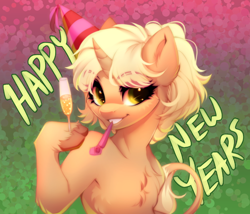 Size: 800x685 | Tagged: safe, artist:cabbage-arts, derpibooru import, oc, oc only, classical unicorn, pony, semi-anthro, unicorn, alcohol, champagne, chest fluff, cloven hooves, female, happy new year, hat, holiday, hoof hold, human shoulders, leonine tail, new year, party hat, solo, unshorn fetlocks, wine