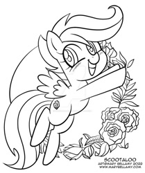 Size: 600x718 | Tagged: safe, artist:marybellamy, derpibooru import, scootaloo, pegasus, commission, deviantart watermark, flower, lineart, obtrusive watermark, solo, watermark, zorilita