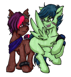 Size: 1200x1300 | Tagged: safe, artist:andras, derpibooru import, oc, oc only, oc:cold grave, oc:moonlight gale, earth pony, pegasus, 2022 community collab, bandaid, derpibooru community collaboration, ear piercing, earth pony oc, goth, pegasus oc, piercing, simple background, sporty style, transparent background