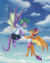 Size: 2346x2985 | Tagged: safe, artist:kimmyartmlp, derpibooru import, smolder, spike, anthro, dragon, clothes, cloud, commission, commissioner:megamchughx, dragoness, duo, female, flying, male, shipping, shirt, shorts, skirt, sky, spolder, straight, tanktop, winged spike, wings