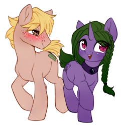 Size: 700x725 | Tagged: safe, artist:cabbage-arts, derpibooru import, oc, oc only, earth pony, unicorn, blushing, duo, earth pony oc, female, horn, male, oc x oc, open mouth, shipping, simple background, straight, transparent background, unicorn oc