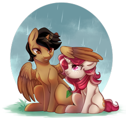 Size: 800x752 | Tagged: safe, artist:cabbage-arts, derpibooru import, oc, oc only, alicorn, pony, unicorn, alicorn oc, commission, commissioner:red palette, duo, female, grass, horn, male, partial background, rain, simple background, transparent background, unicorn oc, wings, ych result