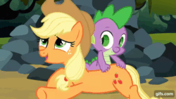 Size: 640x360 | Tagged: safe, derpibooru import, screencap, applejack, spike, dragon, earth pony, pony, season 3, spike at your service, animated, applejack's hat, back scratching, clothes, cowboy hat, cute, duo, female, gif, gifs.com, hat, jackabetes, male, mane, mare, watermark