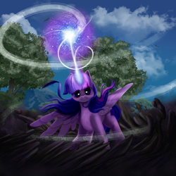 Size: 2000x2000 | Tagged: safe, artist:palibrik, derpibooru import, twilight sparkle, twilight sparkle (alicorn), alicorn, bird, pony, creepy, female, glowing, glowing horn, horn, magic, solo, tree