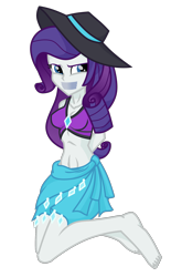 Size: 1250x2010 | Tagged: safe, artist:splendidbondage, derpibooru import, rarity, equestria girls, belly button, bondage, bound and gagged, clothes, female, gag, hands behind back, hat, kneeling, sarong, simple background, solo, swimsuit, tape, tape gag, transparent background