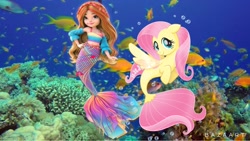 Size: 1024x577 | Tagged: safe, artist:aaliyah_rosado, artist:user15432, derpibooru import, fluttershy, fish, mermaid, pegasus, pony, seapony (g4), my little pony: the movie, spoiler:my little pony the movie, 1000 years in photoshop, bubble, crossover, fin wings, finly (mermaid high), fins, fish tail, mermaid high, mermaid tail, seaponified, seapony fluttershy, species swap, tail, underwater, wings