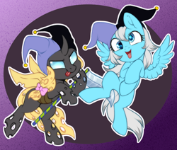 Size: 800x677 | Tagged: safe, artist:cabbage-arts, derpibooru import, oc, oc only, changeling, pegasus, pony, changeling oc, commission, commissioner:decorafluff, cute, derp, duo, female, hat, jester, jester hat, pegasus oc, silly, silly pony, tongue, tongue out, yellow changeling