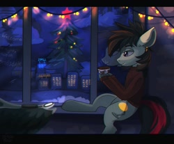 Size: 1750x1450 | Tagged: safe, artist:freak-side, derpibooru import, oc, oc only, earth pony, pony, christmas, christmas tree, clothes, ear piercing, holiday, lidded eyes, mug, piercing, reflection, sitting, smiling, snow, solo, string lights, sweater, tree, windowsill, winter