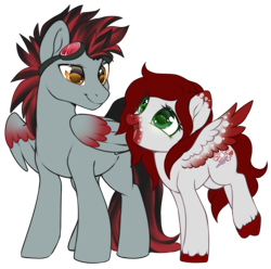 Size: 750x744 | Tagged: safe, artist:cabbage-arts, derpibooru import, oc, oc only, pegasus, pony, colored wings, commission, commissioner:gingerbreadarts, duo, female, male, multicolored wings, pegasus oc, simple background, transparent background, wings