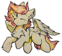 Size: 1312x1192 | Tagged: safe, artist:brest12135, derpibooru import, oc, oc only, oc:耀灿, pegasus, pony, 2022 community collab, cheek fluff, chest fluff, derpibooru community collaboration, ear fluff, ears, fluffy, looking at you, one eye closed, simple background, solo, spread wings, standing, transparent background, wings, wink, winking at you