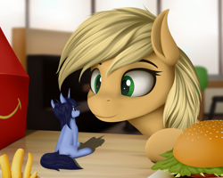 Size: 3000x2400 | Tagged: safe, artist:palibrik, derpibooru import, applejack, oc, earth pony, pony, unicorn, burger, duo, fast food, female, food, french fries, happy meal, hay burger, horn, mcdonald's, micro, unicorn oc