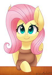 Size: 1870x2650 | Tagged: safe, artist:greenmarta, derpibooru import, fluttershy, pegasus, pony, clothes, cute, female, shyabetes, simple background, solo, sweater, sweatershy, white background