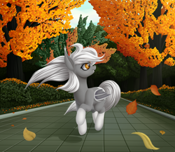 Size: 3000x2600 | Tagged: safe, artist:palibrik, derpibooru import, oc, oc only, bat pony, pony, autumn, bat pony oc, female, leaves, park, running, solo, tree, windswept mane