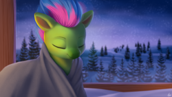 Size: 2560x1440 | Tagged: safe, artist:luminousdazzle, derpibooru import, luminous dazzle, pegasus, pony, blanket, cozy, eyes closed, female, forest, mare, night, scenery, sleepy, snow, window