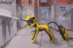 Size: 2400x1600 | Tagged: safe, artist:miramore, derpibooru import, oc, pony, robot, robot pony, unicorn, 2022, alley, alleyway, amogus, among us, angry, blast, brazil, city, cleaning, english, focused, graffiti, gray background, gritted teeth, inside joke, leaning forward, machine, meme, outdoors, ponified, portuguese, pressure washer, pressure washing, signature, simple background, solo, text, washing, water