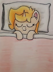 Size: 1480x2005 | Tagged: safe, artist:pastelsplash, derpibooru import, oc, oc only, oc:finnian s., pony, unicorn, bed, femboy, male, sleeping, traditional art