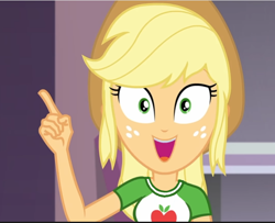 Size: 614x499 | Tagged: safe, derpibooru import, edit, edited screencap, screencap, applejack, human, equestria girls, applejack's hat, clothes, cowboy hat, happy, hat, humanized, idea, shirt, t-shirt