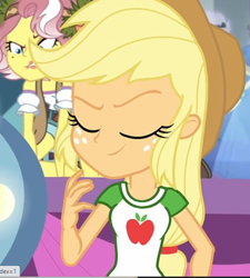 Size: 492x547 | Tagged: safe, derpibooru import, edit, edited screencap, screencap, applejack, human, equestria girls, applejack's hat, clothes, collar, cowboy hat, hat, humanized, shirt, smug, t-shirt