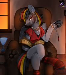 Size: 2600x2968 | Tagged: safe, artist:brainiac, derpibooru import, oc, oc only, oc:anti-lag, pegasus, pony, book, chair, chest fluff, clothes, commission, crossed legs, female, jewelry, lidded eyes, looking at you, mare, necklace, shirt, sitting, smiling, smiling at you, socks, solo, striped socks, tiktok, timelapse, underhoof