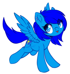 Size: 750x801 | Tagged: safe, artist:cabbage-arts, derpibooru import, oc, oc only, oc:static, pegasus, pony, blue mane, blue tail, commission, commissioner:staticpegasus, ear piercing, eye clipping through hair, female, full body, mare, open mouth, open smile, pegasus oc, piercing, simple background, smiling, solo, spread wings, tail, white background, wings