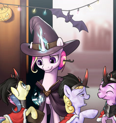 Size: 1933x2048 | Tagged: safe, artist:amarthgul, derpibooru import, princess cadance, oc, crystal pony, pony, clothes, costume, foal, hat, magic, nightmare night costume, witch hat