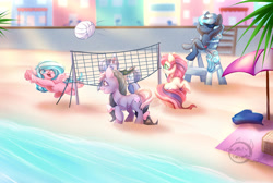 Size: 1024x690 | Tagged: safe, artist:cabbage-arts, derpibooru import, oc, bat pony, earth pony, hippogriff, pony, unicorn, bat pony oc, beach, commission, commissioner:jaegerpony, earth pony oc, female, hippogriff oc, horn, male, sports, unicorn oc, volleyball, water