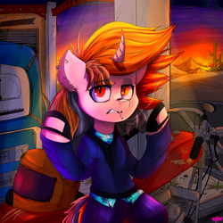 Size: 3040x3040 | Tagged: safe, artist:mjsw, derpibooru import, oc, oc only, oc:majuvelliy, pony, unicorn, clothes, female, gas station, mare, motorcycle, piercing, smoking, solo, sunset