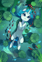 Size: 1300x1900 | Tagged: safe, alternate version, artist:nazori, derpibooru import, oc, oc only, fish, pony, unicorn, alternate character, commission, featureless crotch, horn, lilypad, lying down, on back, outdoors, pond, reed, solo, unicorn oc, water, ych result