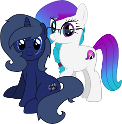 Size: 1321x1338 | Tagged: safe, artist:pootanger_sfm, derpibooru import, oc, oc only, oc:aurora starling, oc:midnight music, earth pony, unicorn, 2022 community collab, derpibooru community collaboration, earth pony oc, feral, horn, looking at you, show accurate, simple background, sitting, transparent background, unicorn oc