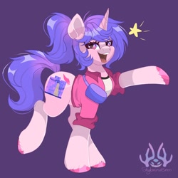 Size: 2048x2048 | Tagged: safe, artist:skyboundsiren, derpibooru import, oc, oc only, unicorn, clothes, colored hooves, fanny pack, horn, jacket, smiling, solo, stars, unicorn oc