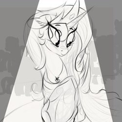Size: 1000x1000 | Tagged: safe, artist:2fat2fly, derpibooru import, princess celestia, alicorn, pony, blushing, clothes, crown, dress, eye clipping through hair, female, hoof shoes, horn, jewelry, mare, monochrome, necklace, raised hoof, raised leg, regalia, solo focus, wings
