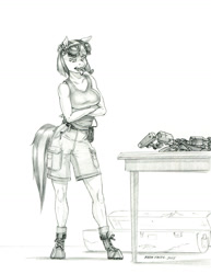 Size: 1000x1292 | Tagged: safe, artist:baron engel, derpibooru import, coco pommel, anthro, earth pony, unguligrade anthro, clothes, dreamscape, female, grayscale, gun, mare, monochrome, open mouth, pencil drawing, rifle, shorts, story in the source, story included, traditional art, weapon