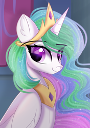 Size: 1748x2480 | Tagged: safe, artist:janelearts, derpibooru import, princess celestia, alicorn, pony, bust, crown, cute, cutelestia, jewelry, looking at you, peytral, portrait, regalia, smiling, solo, sparkly mane