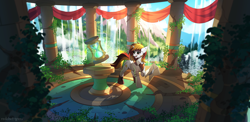 Size: 3200x1565 | Tagged: safe, artist:redchetgreen, derpibooru import, oc, oc only, pony, unicorn, hourglass, mountain, ruins, scenery, solo, waterfall