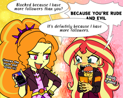 Size: 2268x1810 | Tagged: safe, artist:rileyav, derpibooru import, adagio dazzle, sunset shimmer, equestria girls, angry, dialogue, meta, music festival outfit, smiling, smug, teary eyes, twitter