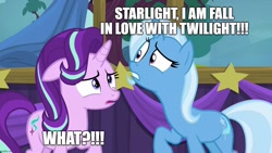 Size: 1280x720 | Tagged: safe, derpibooru import, edit, edited screencap, screencap, starlight glimmer, trixie, no second prances, caption, grammar error, image macro, implied lesbian, implied shipping, implied twilight sparkle, implied twixie, text