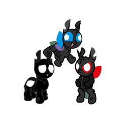 Size: 4096x4096 | Tagged: safe, artist:theunidentifiedchangeling, derpibooru import, oc, oc:lone lone(unidentified), oc:rage(unidentified), oc:uni(unidentified), changeling, bipedal, changeling oc, clothes, fangs, happy, hoodie, horn, looking at you, red changeling, simple background, solo, three quarter view, transparent background, wide smile, wings, worried, zipper