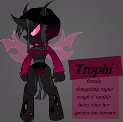 Size: 2339x2318 | Tagged: safe, artist:computershits, derpibooru import, oc, oc only, oc:trophi, anthro, changeling, unguligrade anthro, boob window, changeling oc, clothes, female, hoodie, pink eyes, purple changeling, reference sheet, solo, spread wings, wings