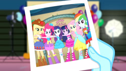 Size: 3410x1920 | Tagged: safe, derpibooru import, screencap, applejack, fluttershy, photo finish, pinkie pie, rainbow dash, rarity, twilight sparkle, a photo booth story, eqg summertime shorts, equestria girls, balloon, bare shoulders, belt, boots, clothes, cutie mark on clothes, fall formal outfits, female, grin, hairpin, hand on hip, high res, humane five, humane six, offscreen character, photo, shoes, sleeveless, smiling, strapless, twilight ball dress