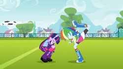 Size: 3410x1920 | Tagged: safe, derpibooru import, screencap, rainbow dash, twilight sparkle, equestria girls, equestria girls (movie), backpack, boots, clothes, cutie mark on clothes, duo, duo female, eyes closed, female, football, high res, shoes, smiling, sports