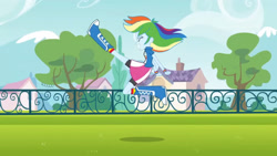 Size: 3410x1920 | Tagged: safe, derpibooru import, screencap, rainbow dash, equestria girls, equestria girls (movie), boots, clothes, cutie mark on clothes, eyes closed, female, grin, high res, shoes, smiling, solo, tree