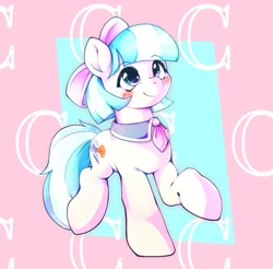 Size: 1818x1789 | Tagged: safe, artist:kurogewapony, derpibooru import, coco pommel, earth pony, pony, blushing, bow, cocobetes, collar, cute, female, mare, smiling, solo